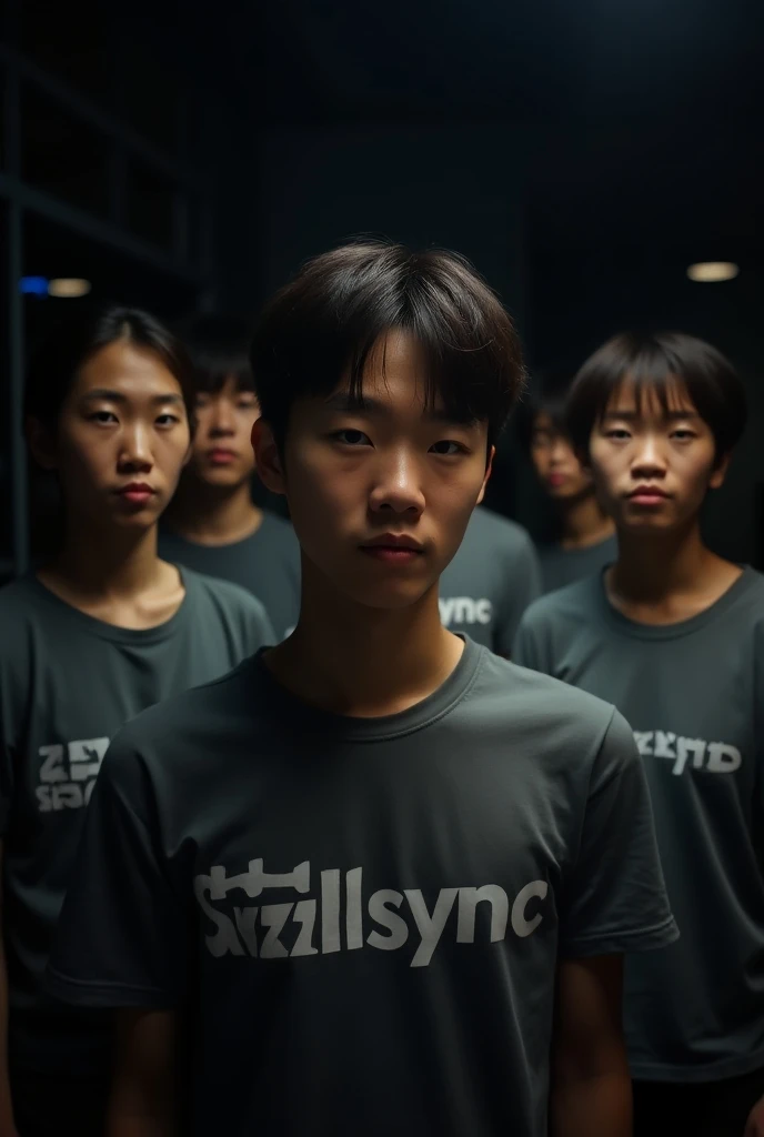 "A group photograph of slightly 26 YEAR OLDS Korean young people staring intently into the camera stands against a dimly lit background. They wea t shirt with Skillsync written on it. The lighting is dramatic and the shadows highlight the contours of their...