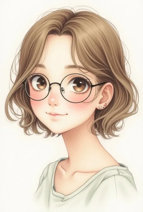  Drawing of a girl with short light brown hair, curly and lenses . cachetona.