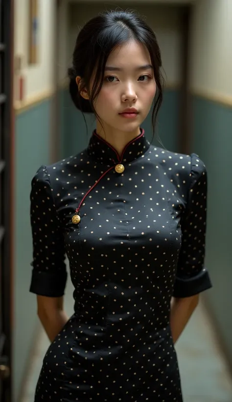 Chinese girl long silk satin polka dot balck cheongsam dress big breast beautiful face prison prsioner girl 