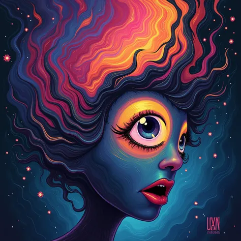 High vibrancy, high definition, abstract art in swirling vibrant colors that make a psychedelic dream like image, dynamic brush strokes of radiant colors that glow, fluid shapes blending into a form of a persons face with an eye with long eyelashes, high c...