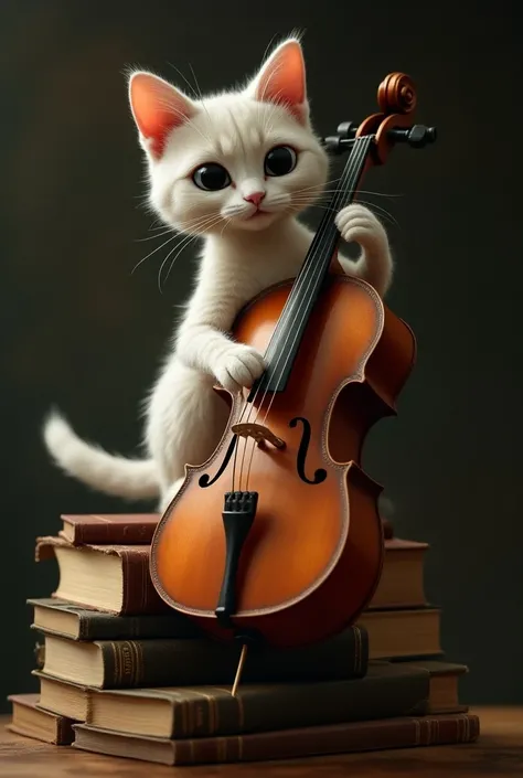 Cat playing cello sitting on books