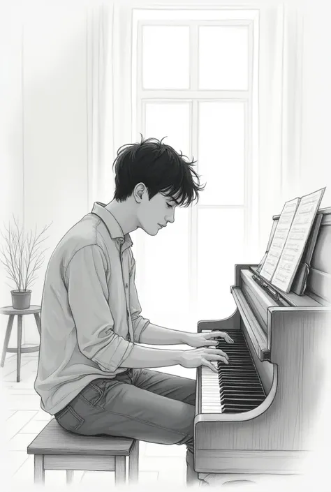 A soft pencil sketch of a man in his twenties composing a song in a spacious, empty-feeling room with a piano. The man has a sad expression, focused on his music. The room is larger, creating a sense of solitude and loneliness, with minimal furniture and s...