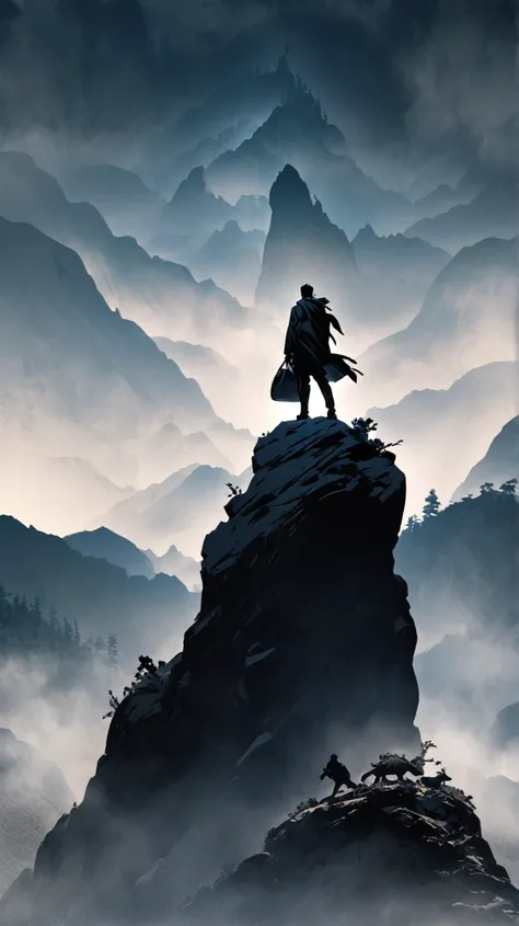  The man is walking up a rocky hill, with mountains in the background shrouded in mist. He holds his jacket over his shoulder casually, looking up at the summit with a composed expression. His figure is silhouetted against the sky, symbolizing inner streng...