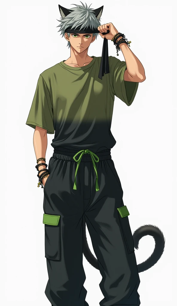  Full body image, realistic manga style, Where are men , Half human and half male feline,  with short and messy gray hair ,  green-eyed,  of thin and strong physical size , Serious and calm face,  wearing a wide olive green shirt with a black gradient ,  w...