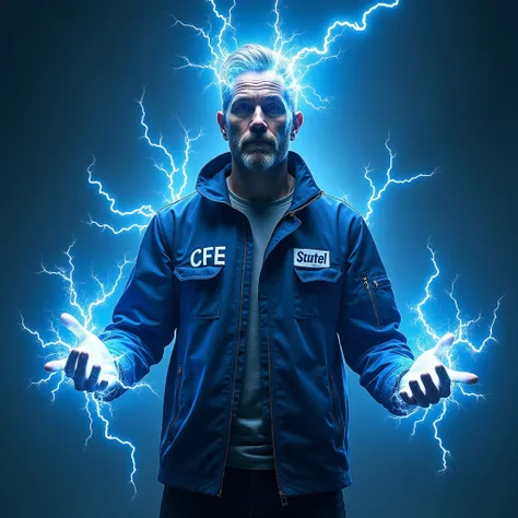 A Good man, a innovative man who is an electrical engineer and whose name is CFE ,  I want him to maintain the style and dress of an electrical engineer but to demonstrate that he can control electricity and generate electrical explosions. Electricity is b...