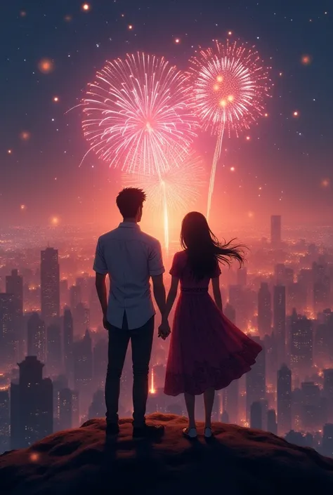 A men and women on the highest peak of the city seeing diwali lightings of crackers a pic from back anime