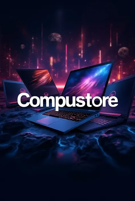  a logo that says CompuStore MC another title 2024 with a background of hp computers , Lenovo and dell  , laptops , Let them be modern computers