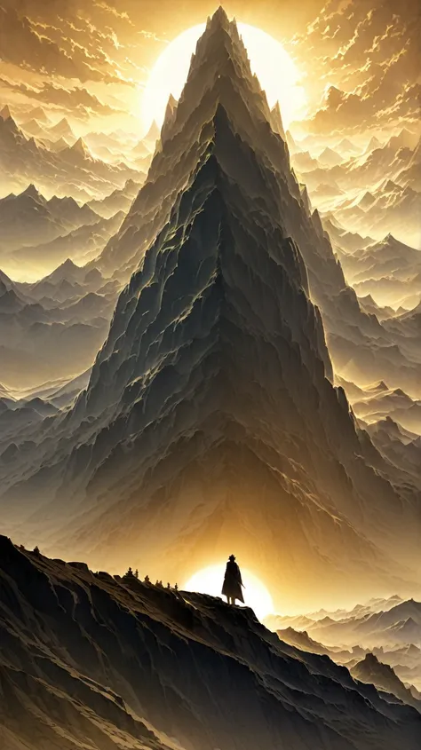 In the final image, he stands confidently on a mountain peak, with the sun beginning to rise behind him. His posture is upright and proud, symbolizing his journey toward self-empowerment. The background shows a panoramic view of valleys and peaks, bathed i...