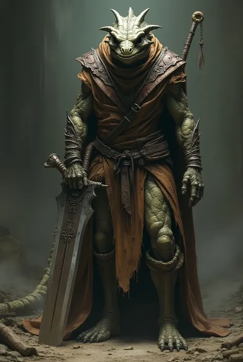 RPG reptile decrept warrior with parts of his skull showing, leather robes, wielding an immense sword.