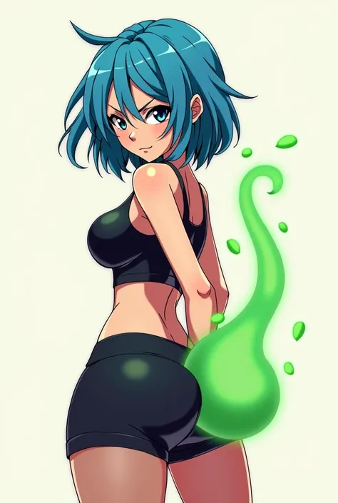 Anime girl with tight black shorts big butt, blue hair, stern expression, black eyes, crop top sweatshirt. Farting green fart