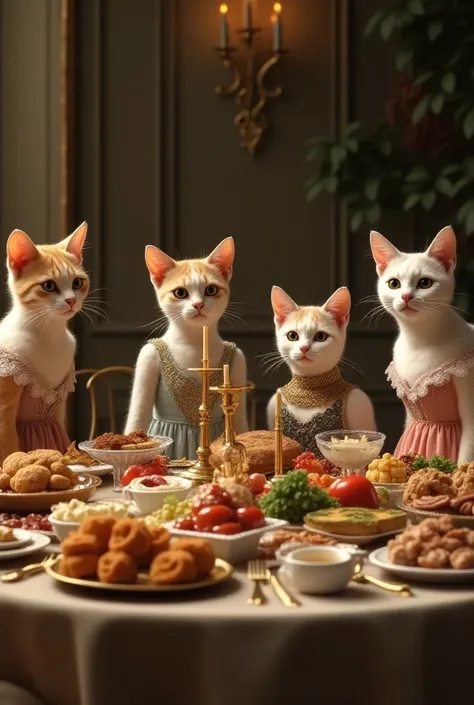 Gathering of cats wearing beautiful dresses sitting on dining table much food is given on dining table 