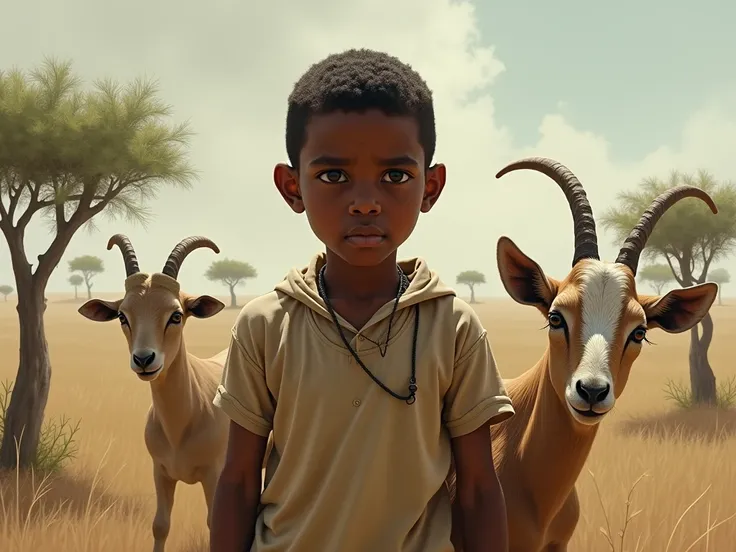 A young boy who is fighting syphilis, there is a goat, there are short trees and the boy is a Somali African.