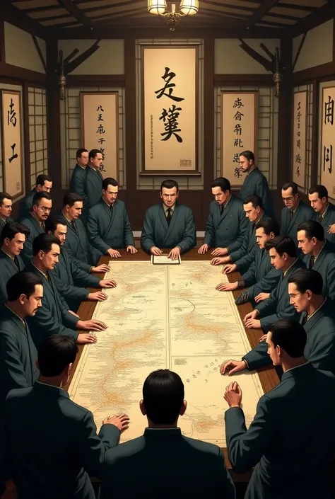 Inside a Japanese military war room, officers and strategists study maps, discussing tactics with serious expressions, with traditional Japanese decor and war-time artifacts in the background