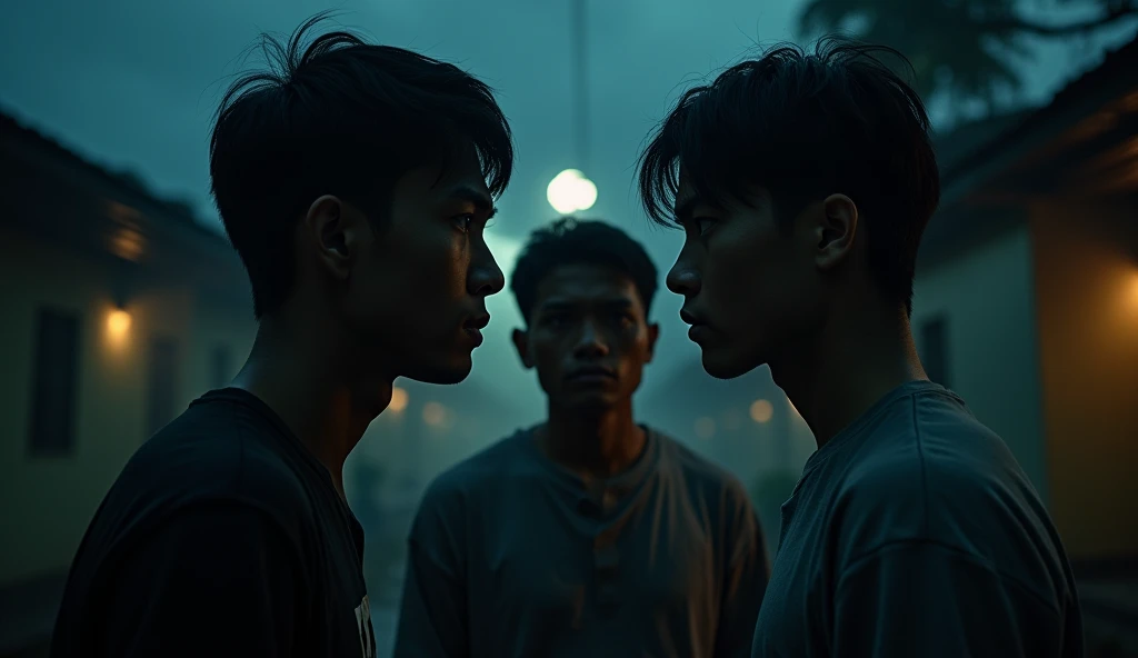 Three 20-year-old men from Indonesia,  face each other in the dark of the night in a kosan yard ,  with a serious expression , and shocked  ,Realistic and hd photo 