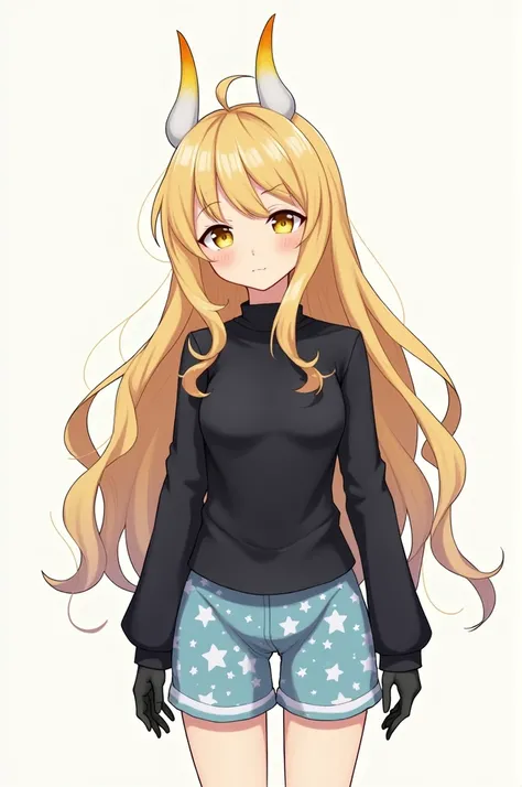  Anime style characters "   who is long blonde hair *  white and yellow horns * black shirt * black hands*  Face to Riva and a pretty face *  body d that is a shorts with stars and that has white stars and the blue shorts*

