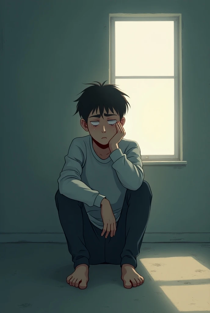 20 years old man, crying, inside in empty room, Cartoon style, calm light, shadows , one window , upper side angle view, 4K