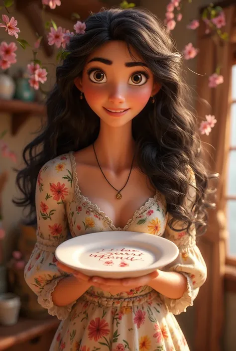  Beautiful girl with long wavy hair, bohemian dress,  holding a white plate with the text  "I Love Seaart Infinity" and showing her to the spectator 