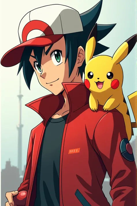 I want an anime-style image of the main character of Pokemon Fire Red, the red coach with white hair and a pikachu on his shoulder, while holding a Pokeball in his hand and a cold look