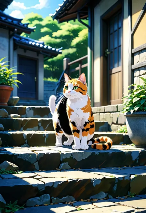 Cat on the Stone Steps, by Makoto Shinkai and Makoto Niitsu style.
best quality, masterpiece, intricate details, ultra-detailed