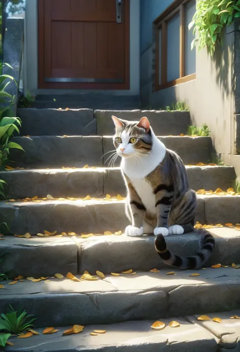 Cat on the Stone Steps, by Makoto Shinkai and Makoto Niitsu style.
best quality, masterpiece, intricate details, ultra-detailed