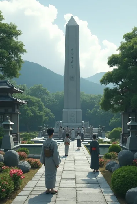 A peaceful and somber scene at a memorial in Japan, with visitors paying respects to the kamikaze pilots, featuring a large stone monument and traditional Japanese gardens in the background.