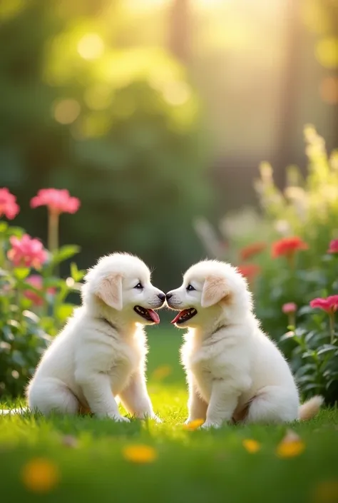 Create an image of a happy  d biy Caucasian  sitting in a beautiful, lush garden. The  is sitting on the grass, smiling and looking lovingly at a small, clean, and adorable white puppy sitting nearby. The  and the puppy are facing each other, creating a jo...