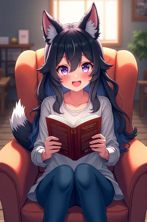 My Hero academia,  anime girl wavy black hair with white locks, lilac eyes, wolf ears and tail, Jeans and shirt ,  smiling, excited,  sitting on an armchair,  room with furniture and table , illuminated,  with a book in her hand called  "The butterfly gard...