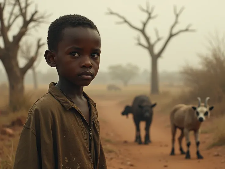 A young boy who is fighting syphilis, there is a goat, there are short trees and the boy is a Somali African, Hyenas 