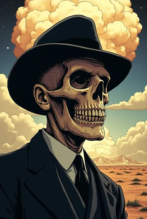 Do the Robert Oppenheimer version of the manga Shuumatsu no Valkyrie, him wearing his iconic hat ,  and with his mandible like a skull and a mushroom cloud behind him