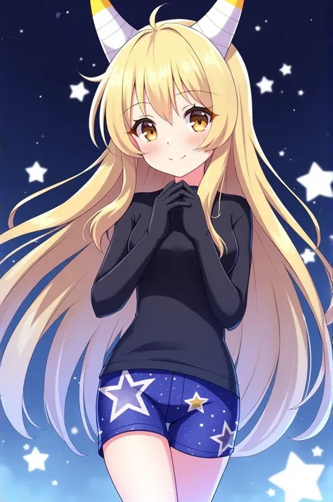  Anime style characters "   who is long blonde hair *  white and yellow horns * black shirt * black hands*  Face to Riva and a pretty face *  body d that is a shorts with stars and that has white stars and the blue shorts* And let it be the horns with yell...