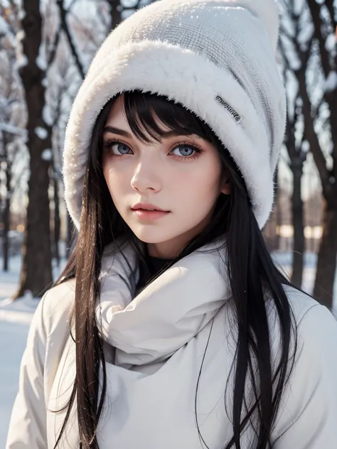 (best quality), 1girl, female, pale skin, (black hair), long hair, straight hair, grey eyes, perfect eyes, winter hat, winter co...