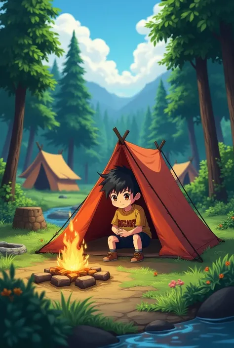 Anime dans un camping un garçon 12 ans cheuveux noir yeux marron avec un t-shirt mincraft se reveilla et se leva 