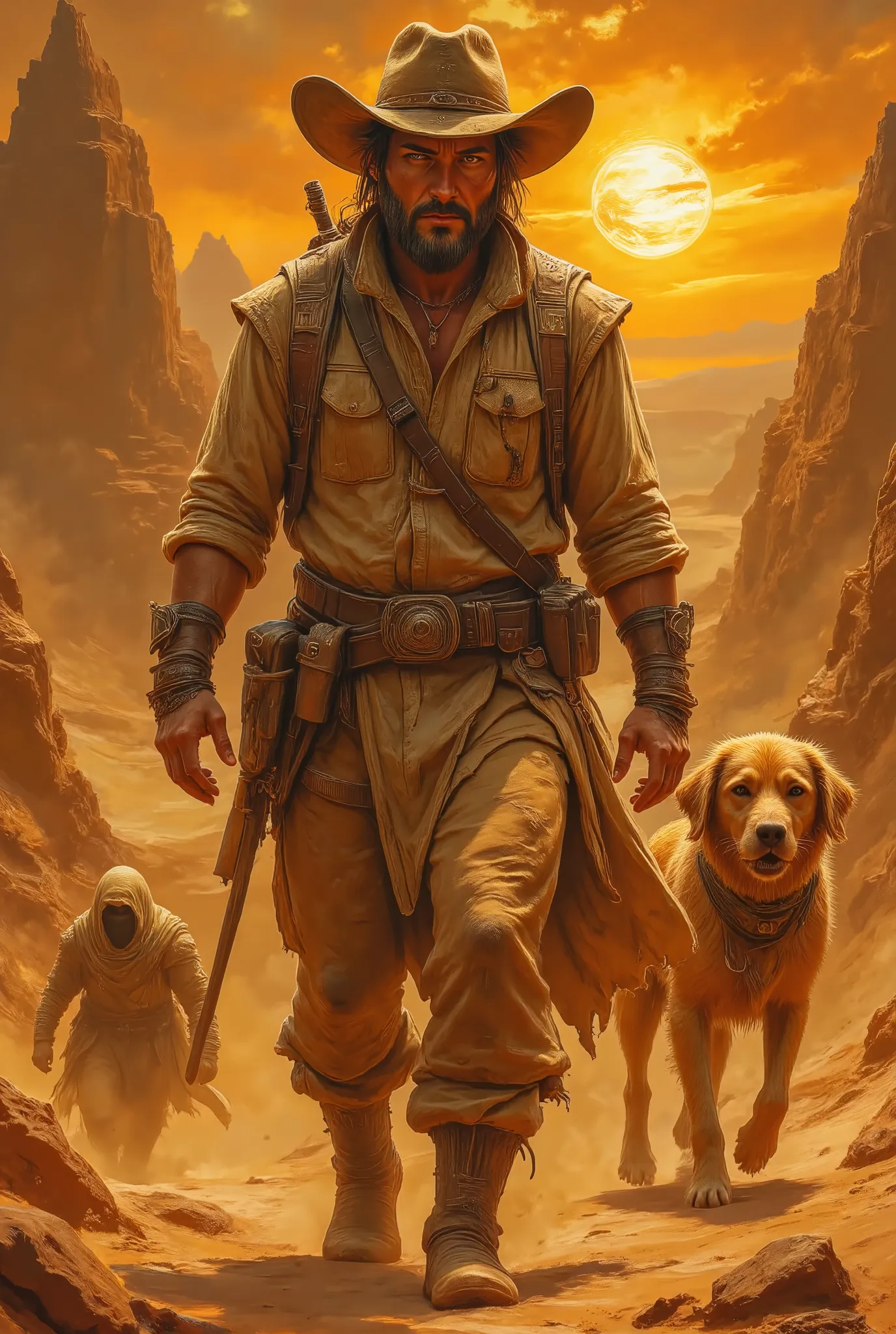 "desert mirage" main character: a weathered, determined explorer with a rugged charm. background: vast, sun-baked desert dunes u...