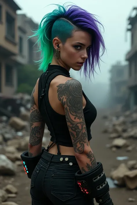 Tough girl with short mullet hair,  half phosphorescent green and the other half purple,  dark war clothes, with tattoos on the arms and an arc with LED lights on the hands,  with an apocalyptic background full of chaos 