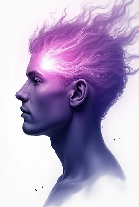 Draw an image of a male head with a side view,  highlighting the pineal gland radiating an immense jet of fire,  in violet color ,  towards the forehead , At the top of the head ,  at the back of the head and through the ears .