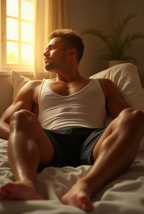 (photorealism:1.2), sexy man on his bed, around 18, his full body shown, wearing only a white tank top with some short black shorts, darker skin tone, with a goatee, short curly hair with blonde streaks, Sunlight illuminating the room, his entire body drip...