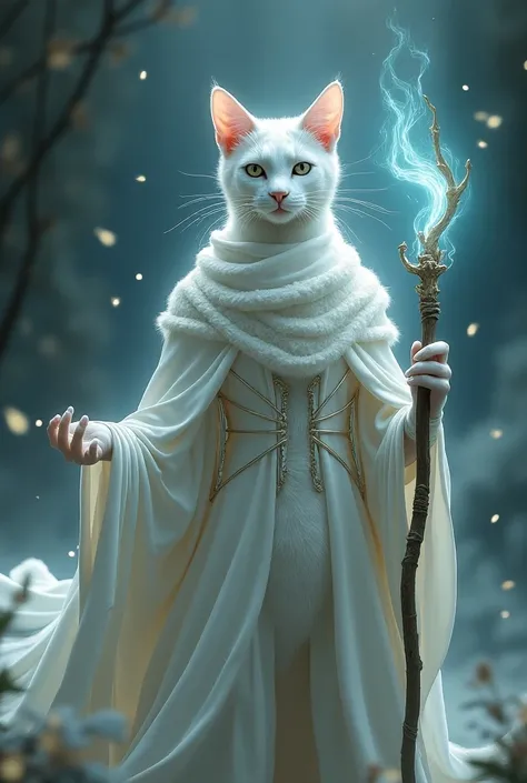 White feline female ,  wearing the magic costume of a wizard Merlin,  Atlantean rod in her hand 