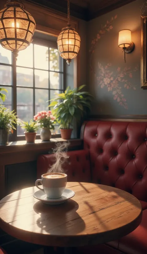 Anime Style, The interior of the coffee shop is painted with exquisite detail and vibrant colors.. Delicate steam rises from a hot coffee cup on a table, Create a cozy and inviting atmosphere. Soft lighting casts a warm, beautiful glow over the dreamy scen...