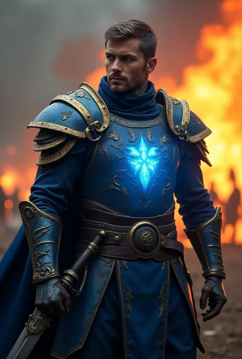  Warrior in blue armor with gold details wounded looking at the shiny mark on his chest. The blue energy of the mark seems to merge with his sword , Creating a mystical aura, In the middle of the war against a fire monster , very realistic 