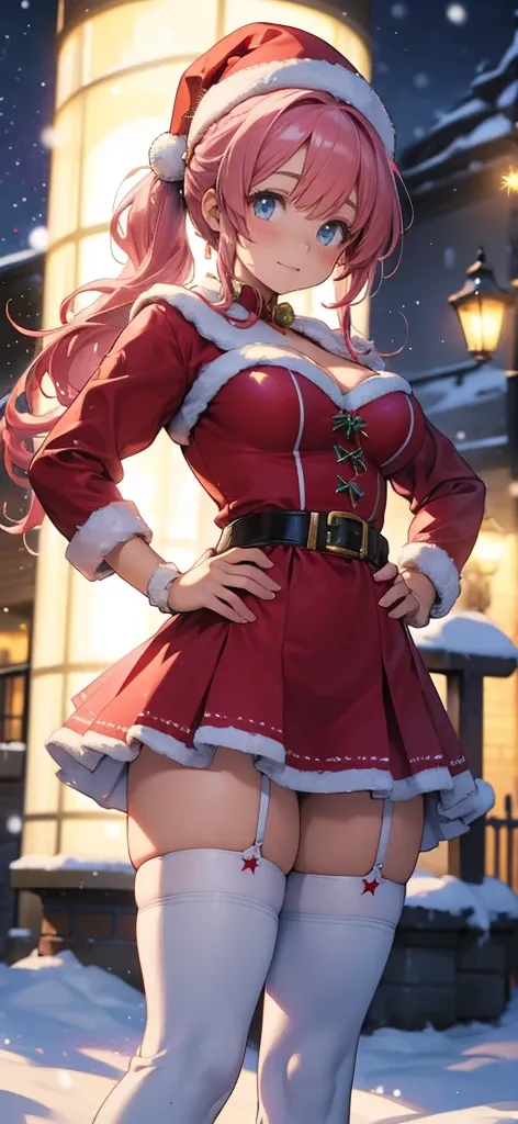 a beautiful young magical girl with extremely large breasts, cleavage, tight red corset, red skirt with white fluffy hem, red santa hat with small bell at the end and fluffy white rim, white stockings with thigh-high red leather high-heeled boots, long wav...