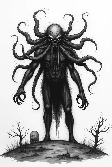  full body god Cthulhu on Earth (landscape)
 very malevolent aura , 
epic, imposing, From another era ,  drawing with pointillism technique  ( slightly large dots )   Black and white ( handpoke tattoo design )