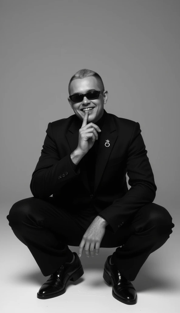 Blind Box,Simple Background, 8k, ，黒いBlind Box,Simple Background,Blind Box,Simple Background，Shaved head，Grey-haired blonde，balenciaga,High Fashion，All Black Costumes，sunglasses，Squat，male，Laughing，Giba