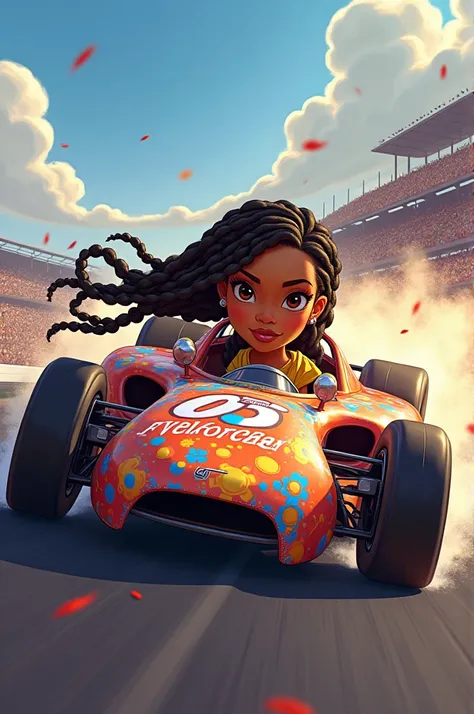 Create me a whimsical NASCAR car with a beautiful bi racial women with braids driving it