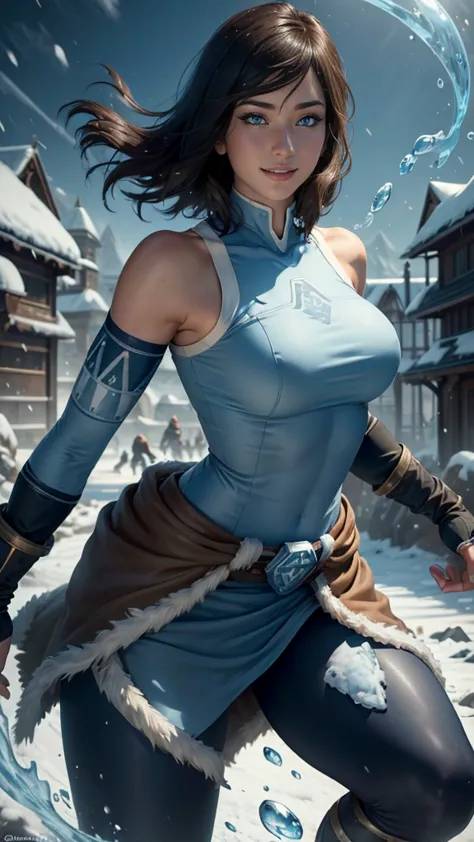 Korra da avatar,(best quality, 4K,8k,high resolution,work of art:1.2)(weather: snowing), tundra background, winter village, wide hips, short straight hair, brown hair, freckles, sleeveless tribal top, winter belt, tight leggings, winter boots, elbow long g...