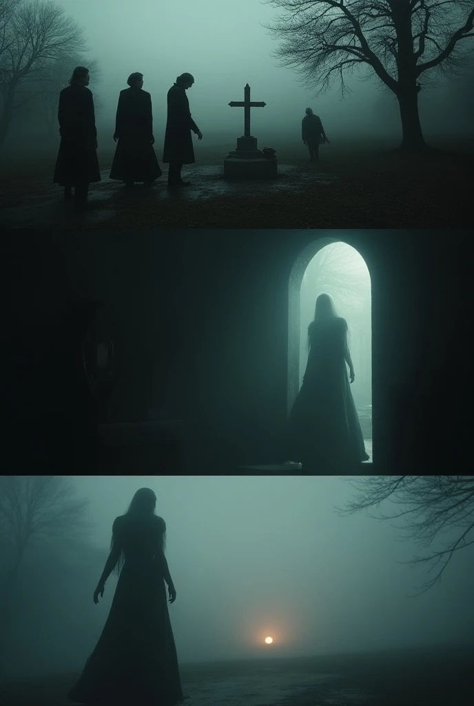 A collage of three scenes from the story La maravillosa visita de Kristina Hrussz:

A dark, somber cemetery with overcast skies and mourners dressed in black, standing around a simple gravestone. The atmosphere is cold and melancholic.
A ghostly woman with...