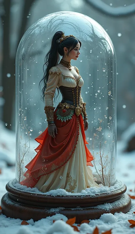 masterpiece,  best quality, 8k,  photographic reality , realistic, Octane Rendering, A beautiful steampunk lady is standing in a snow globe