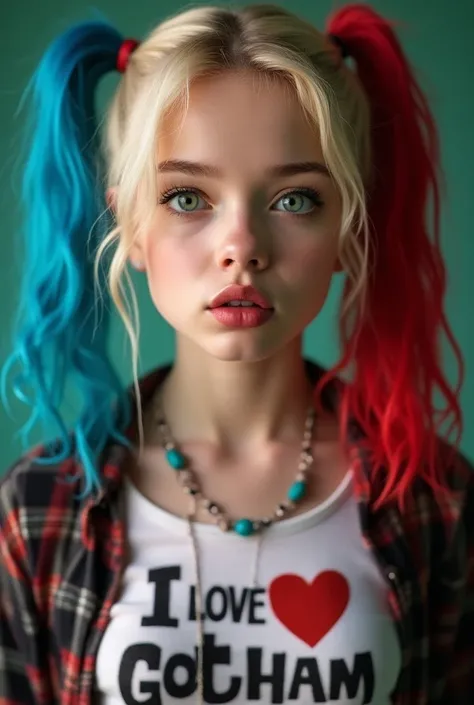 blonde girl (hair in blue and red dyed pigtails), big green eyes, big lips, with a low-cut shirt that says: i love Gotham, Billie Eilish face.