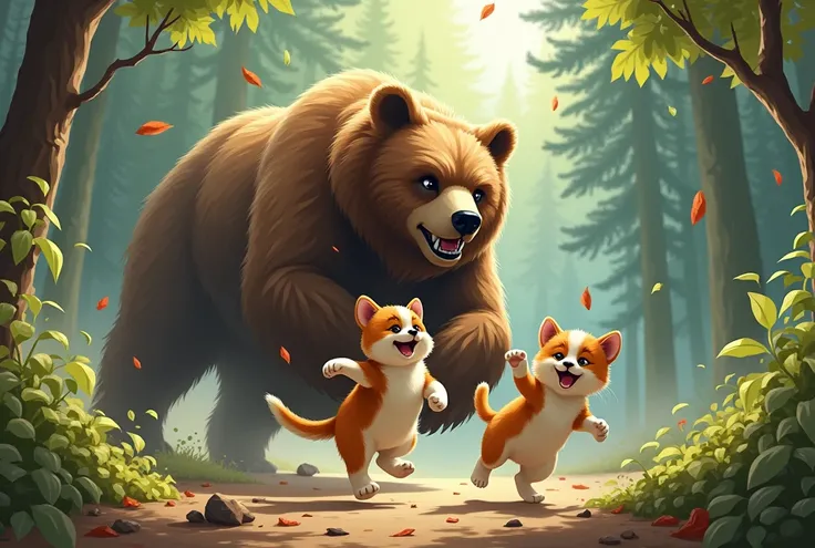 "Create a scene with the beagle and kitten celebrating with playful joy, but in the background, a large, intimidating bear spots them and begins to charge forward. The bear looks massive and slightly menacing, while the beagle and kitten realize the danger...