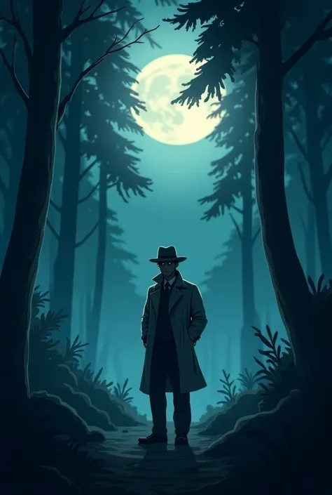 Lush, dark forest ,  with a man wearing detective clothes present,  set time for night  , with a full moon and a fog  , dark cartoon style 