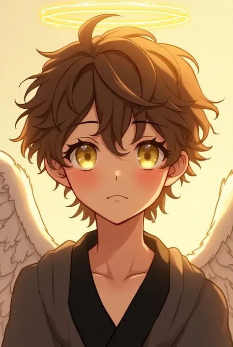 2D anime brunette male teenager with yellow eyes and curly wavy hair of the angel race with a shiny golden aureole wearing black and wingless garments